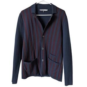 Mr. Turk Men's Merino Wool Striped Cardigan Sweater Medium Navy Blue Designer